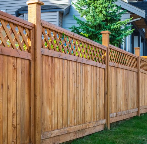 Nice new wooden fence around house. Wooden fence with green lawn. Street photo, nobody, selective focus
